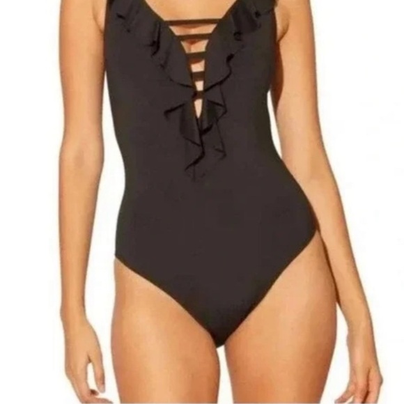 Bleu Rod Beattie Other - Bleu Rod Beattie Black Deep Ruffle Plunge Bathing Suit